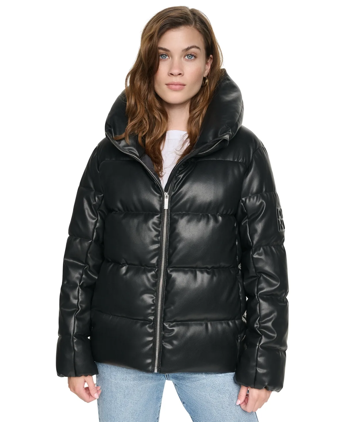 Jeans Insulated Puffer Faux Leather Jacket by DKNY