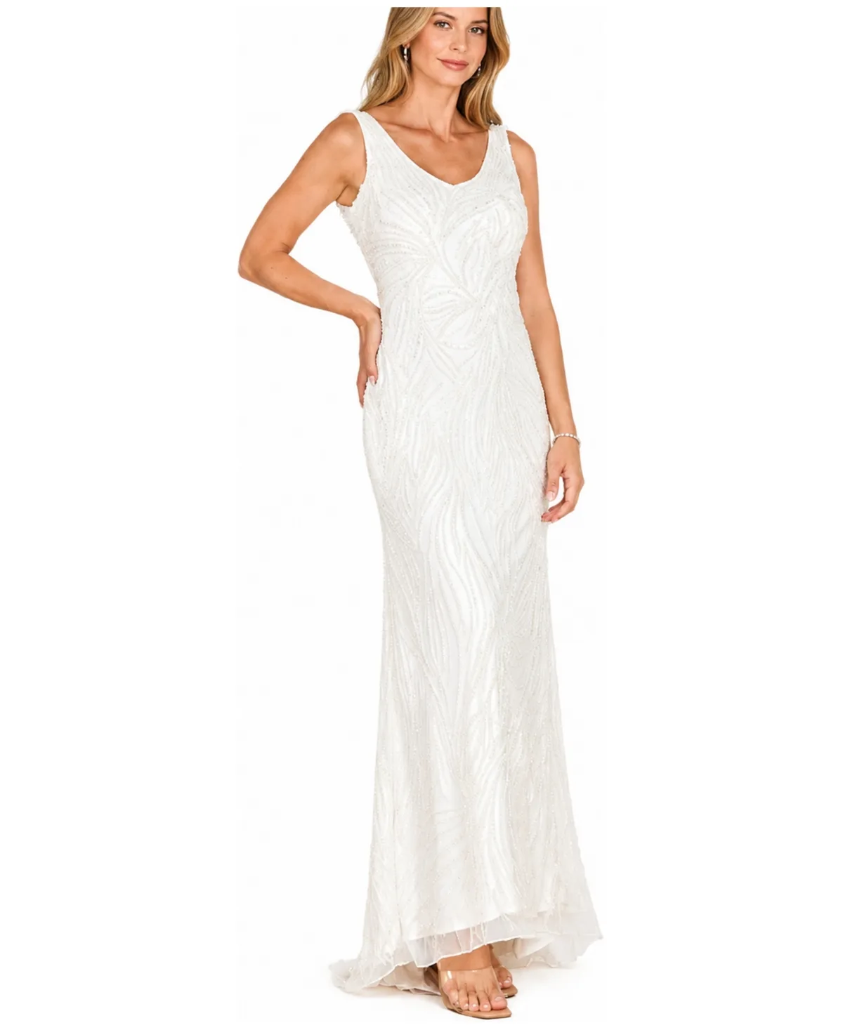 Beaded Cowl-Back Draped Wedding Gown by Lara