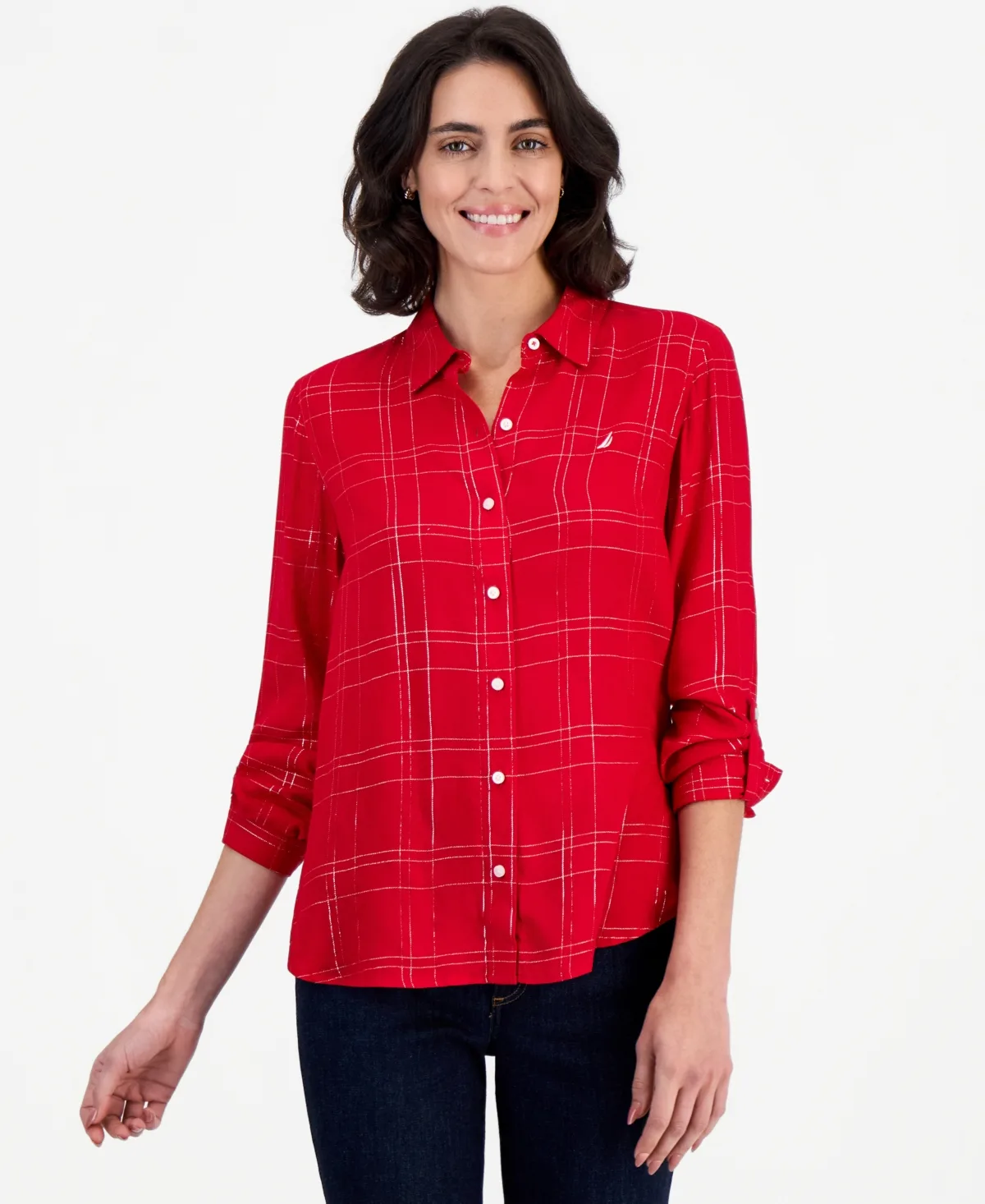 Dunbar Plaid Roll-Tab Blouse by Nautica