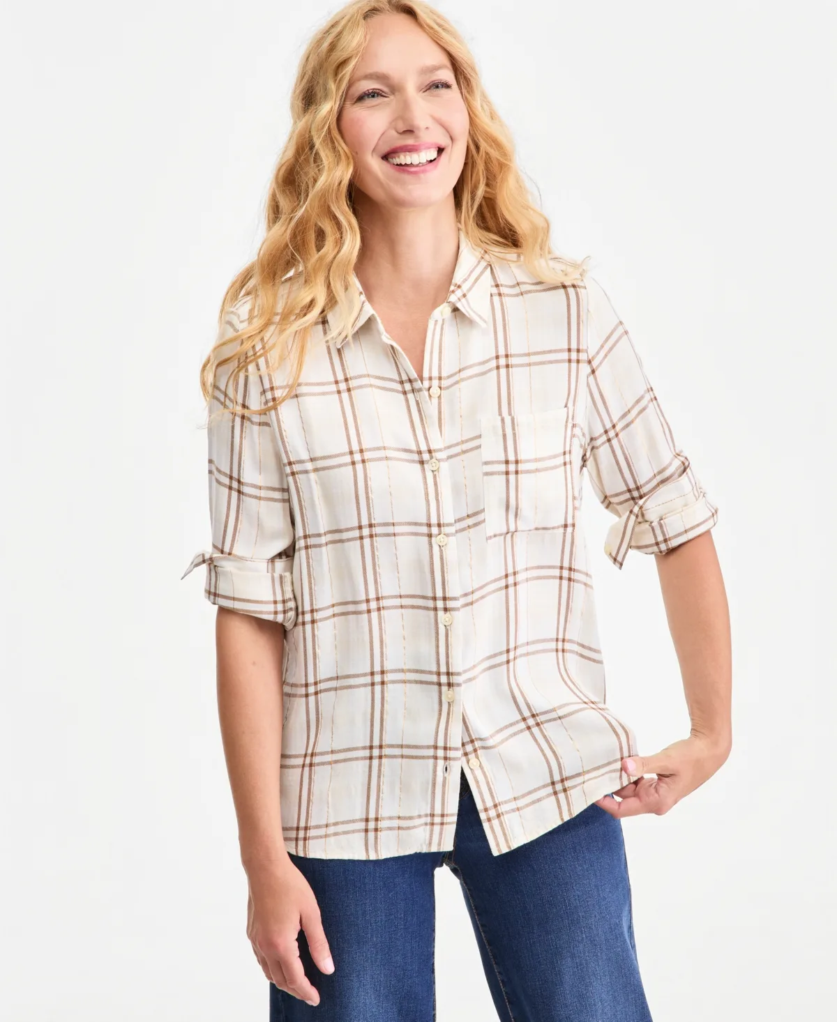 Plaid Lurex Button-Up Perfect Shirt by Style & Co