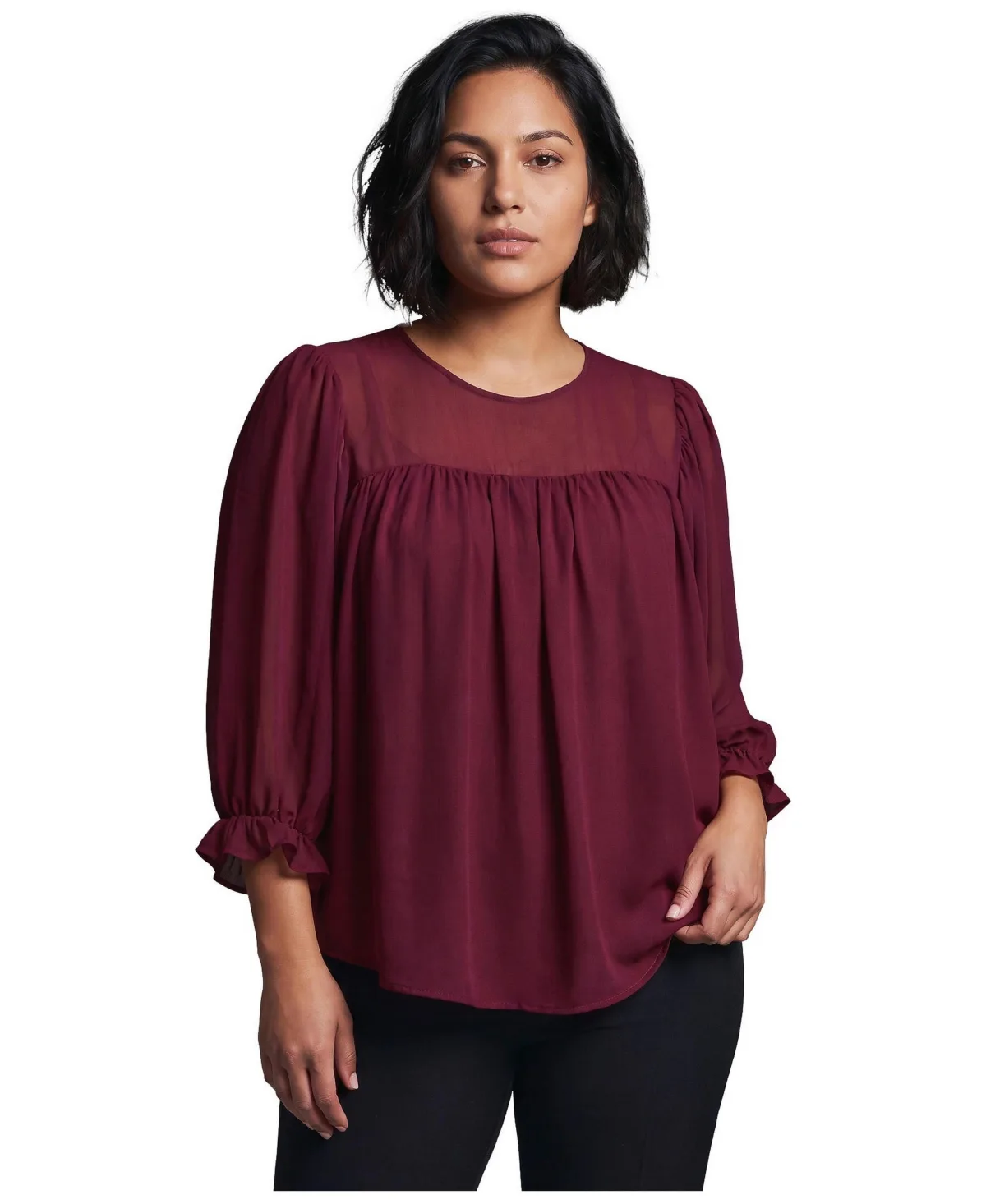 Gathered Sheer Relaxed-Fit Blouse by Avenue