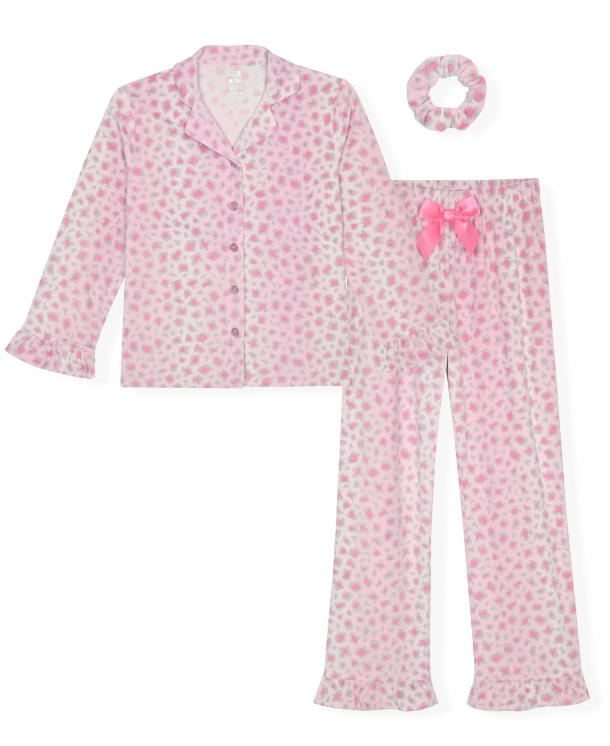 Velour Print Long-Sleeve Ruffle-Trim Pajama, 3-Piece Set by Max & Olivia