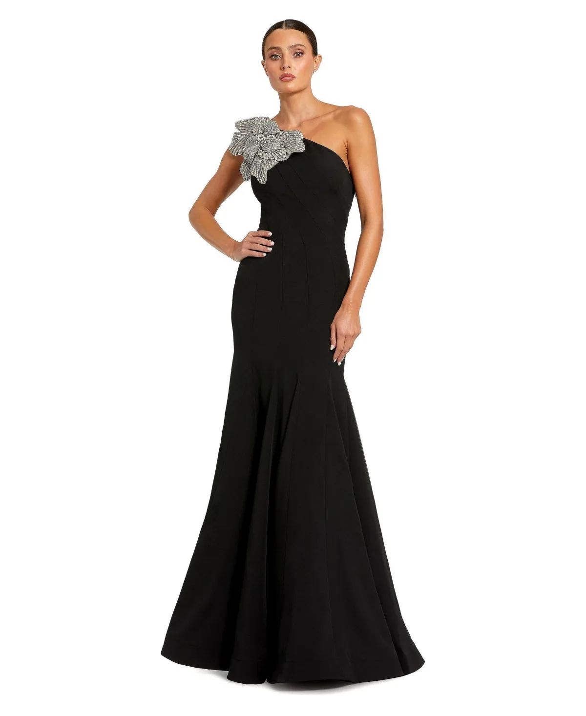 Mac Duggal Crepe One Shoulder Gown with Flower Detail by M.A.C.