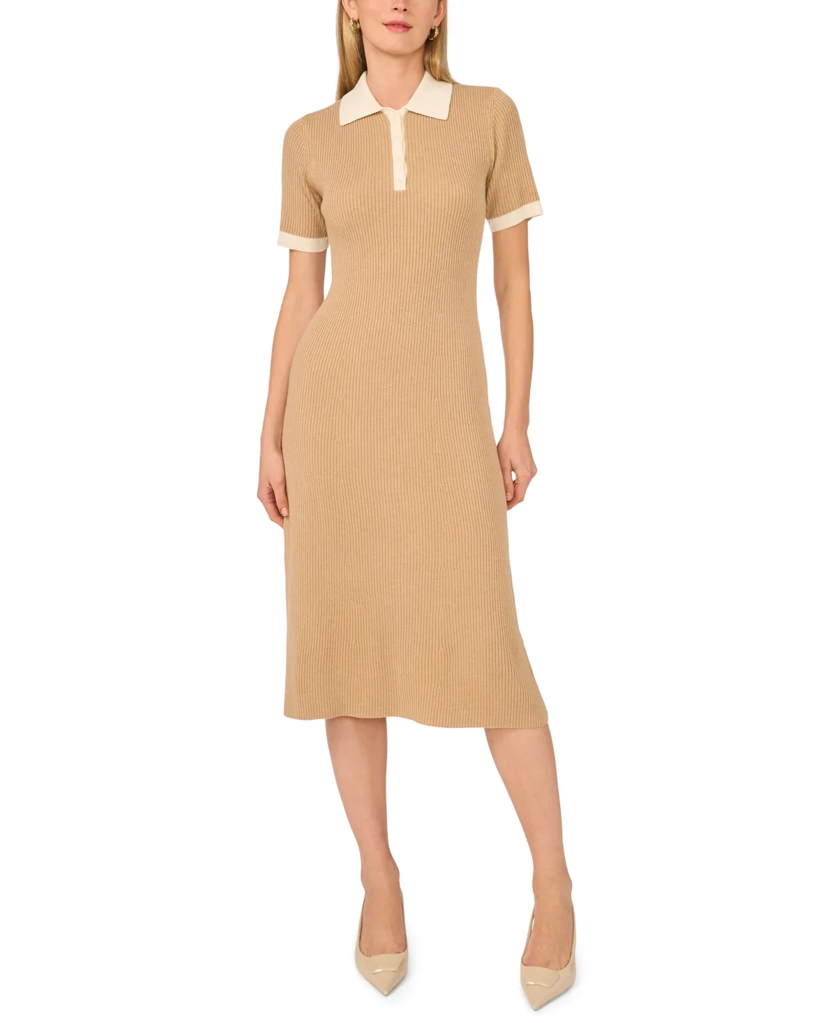Collared Ribbed-Knit Midi Sweater Dress