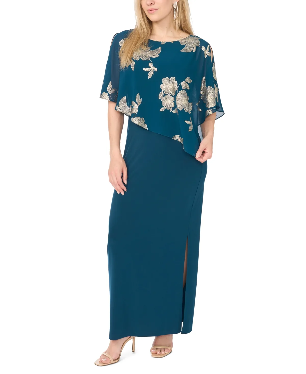 Metallic Floral-Print Crewneck Short-Sleeve Maxi Dress by Msk