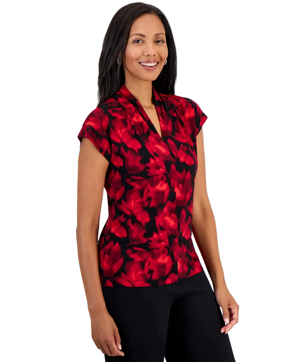 Everyday Knit Floral Funnel Neck Short Sleeve Blouse by Kasper