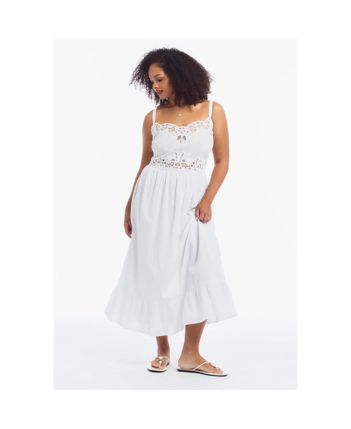 Cotton Voile V-Neck Lace-Trim Ruffled Hem Maxi Dress by June & Vie