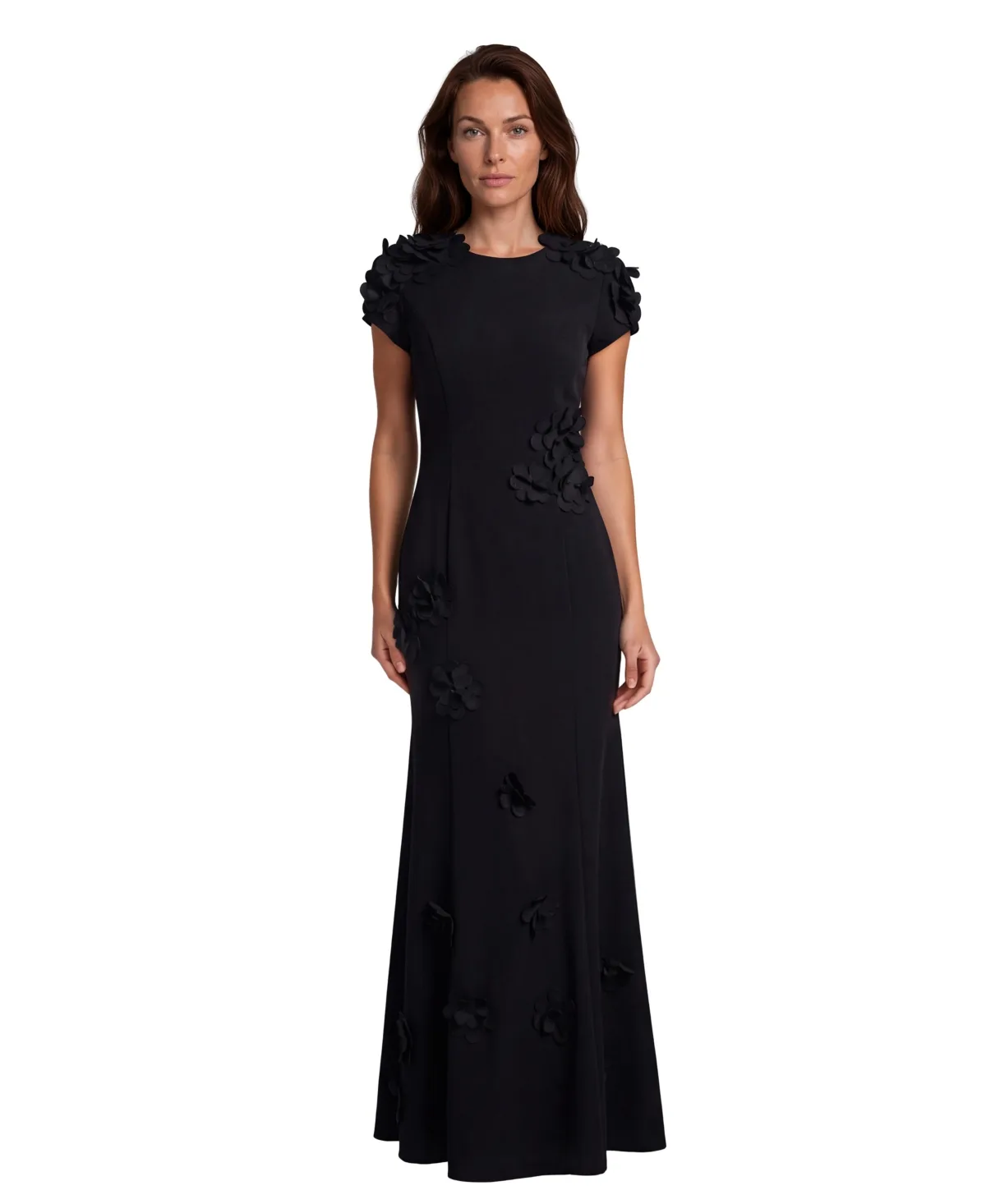 High Neck Stretch Crepe Fit and Flare Gown with Sequin Appliques by Rene Ruiz Occasion