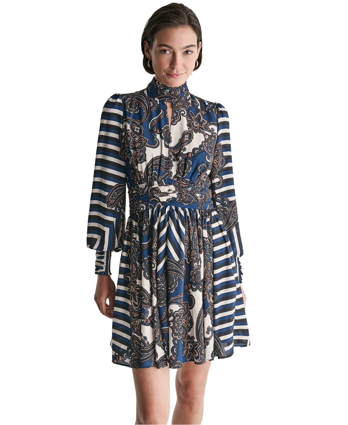 High-Neck Long-Sleeve Short Dress by BCBG