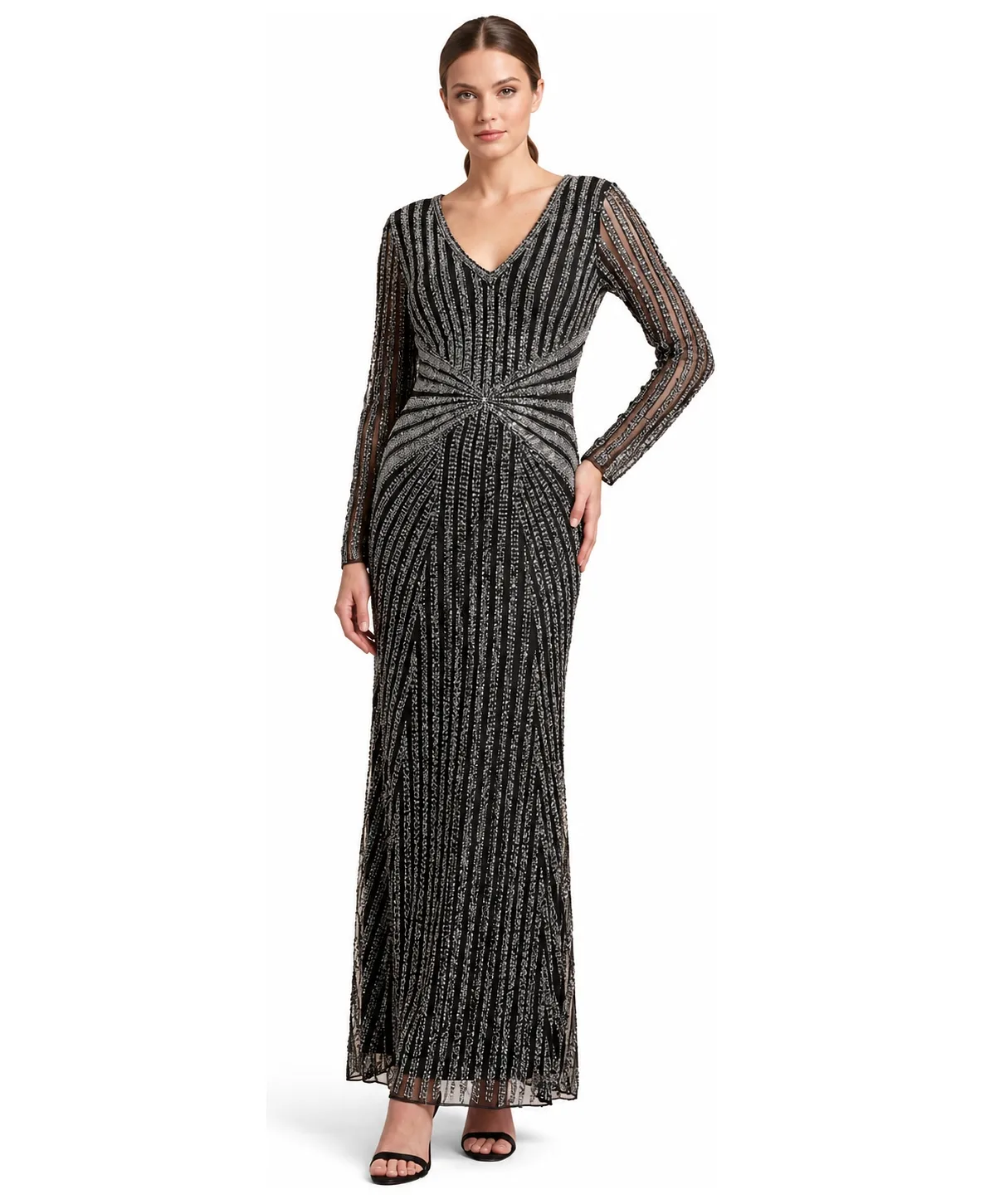 Long-Sleeve Beaded V-Neck Gown