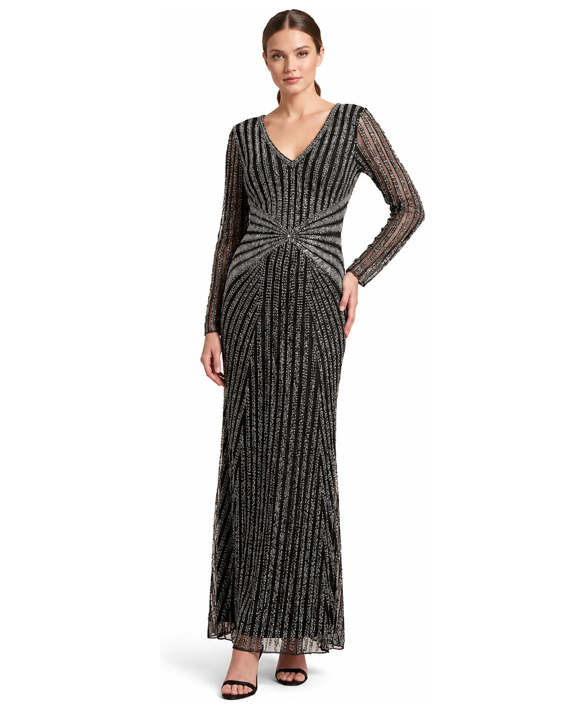 Long-Sleeve Beaded V-Neck Gown by Lara