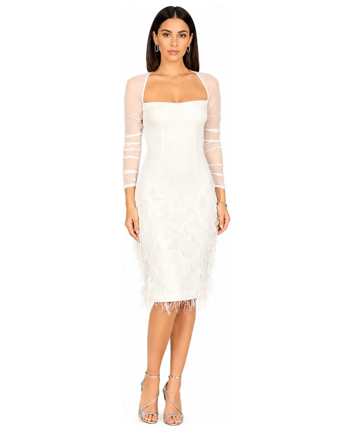 Long Sleeve Bridal Midi Gown with Feathers by Lara