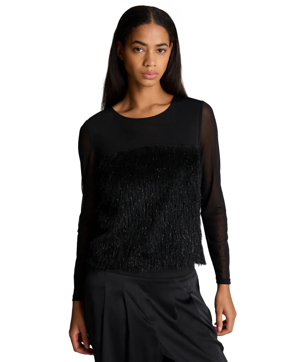 Mesh and Lurex Fringe Long-Sleeve Pullover by Kenneth Cole