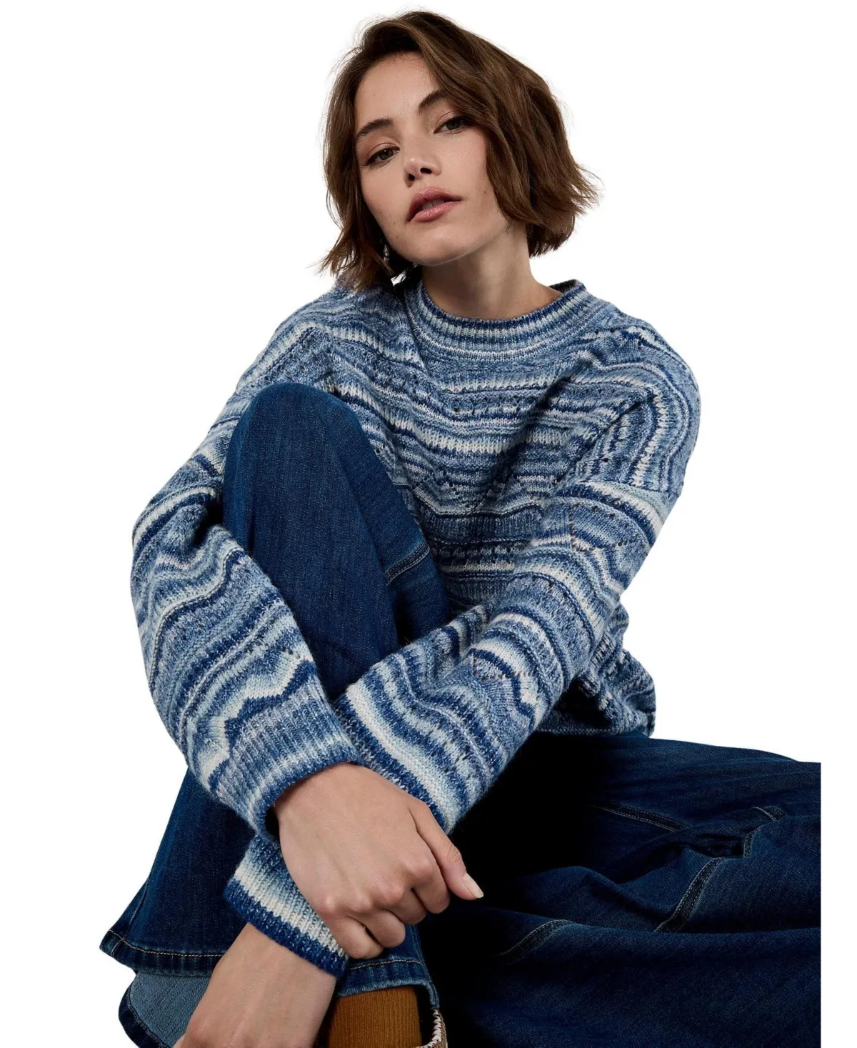 Pointelle Space Dye Knit Long-Sleeve Crewneck Sweater by Apricot
