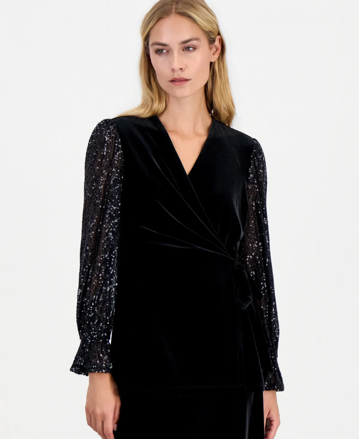 Long-Sleeve Ruffle-Cuff Wrap Blouse by Anne Klein