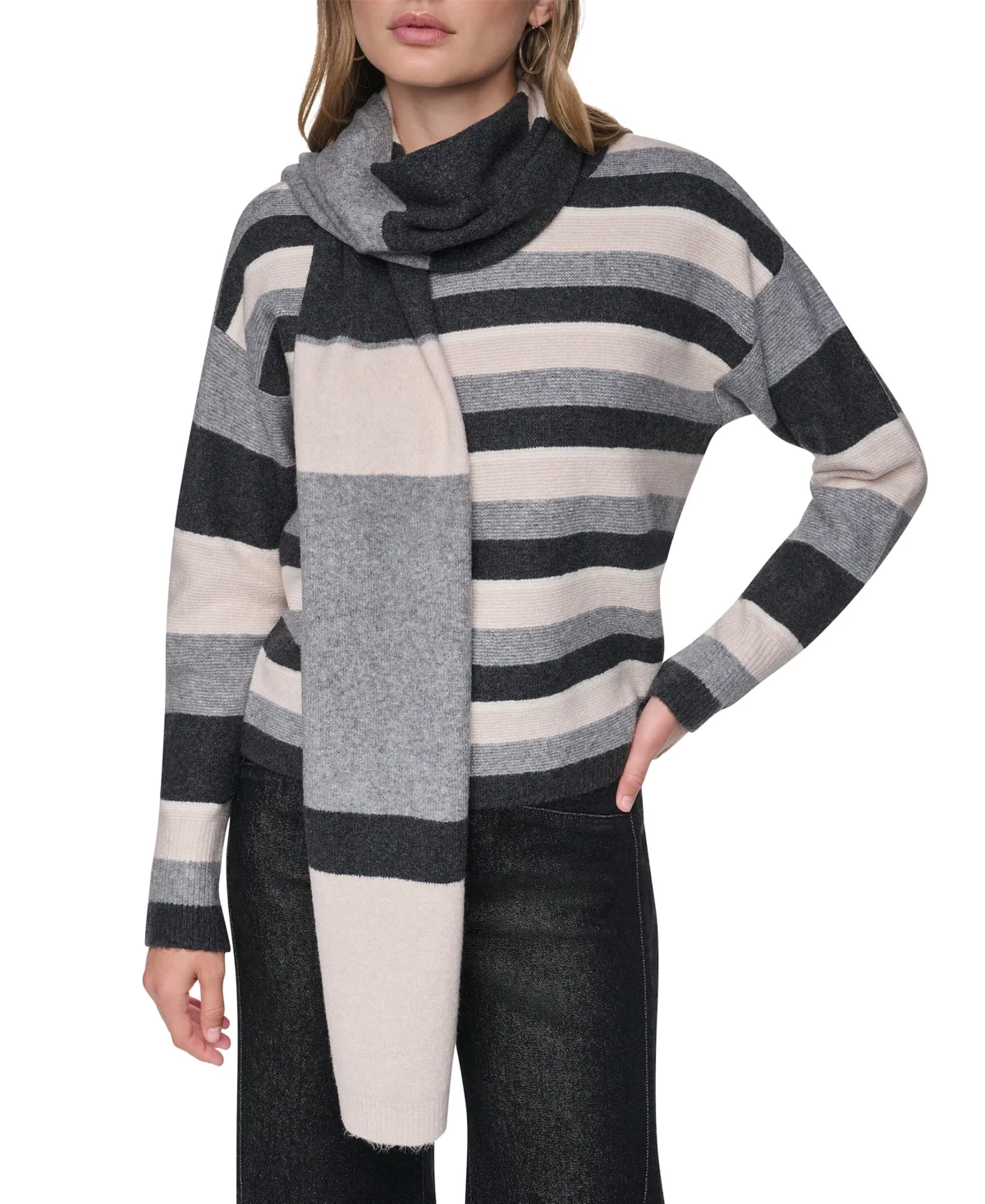 Dkny Jeans Easy Striped Oversized Sweater with Scarf by DKNY