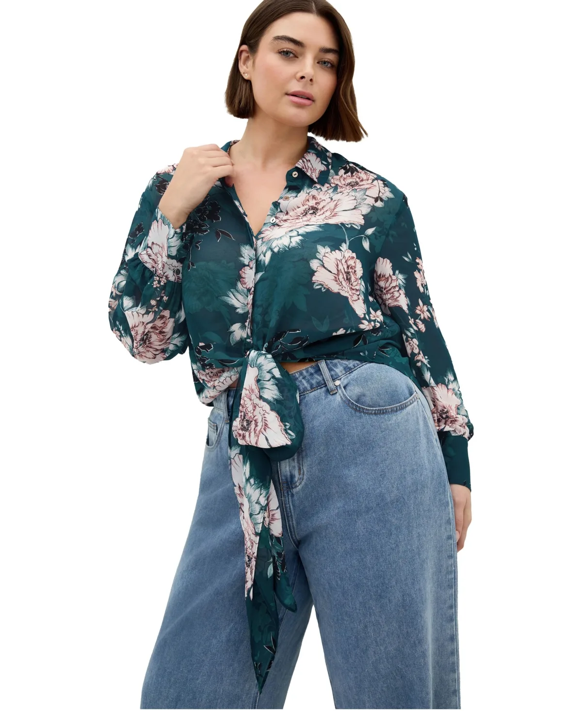 Janine Collared Long-Sleeve Tie-Front Blouse by City Chic