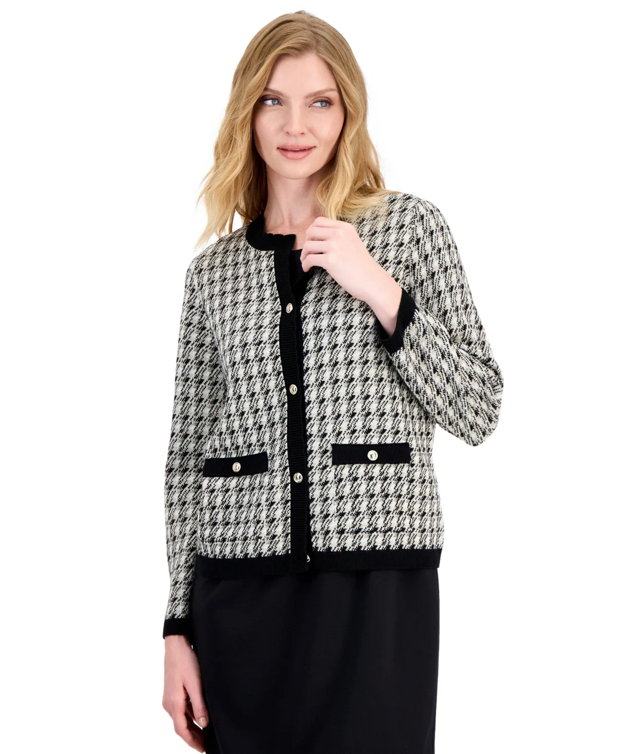 Jacquard Lurex Button-Front Cardigan