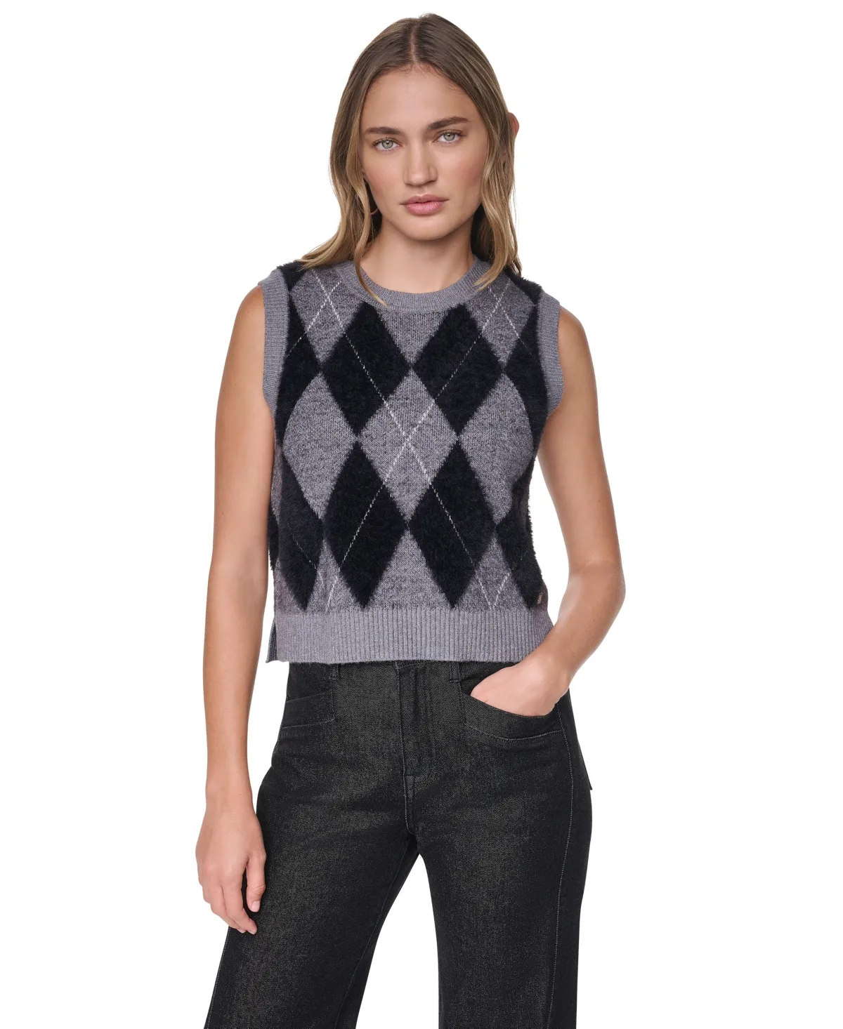Argyle Fuzzy-Yarn Side-Slit Crewneck Vest by DKNY