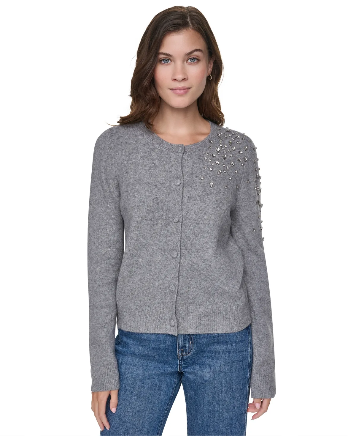 Fitted Rhinestone Crewneck Cardigan by DKNY