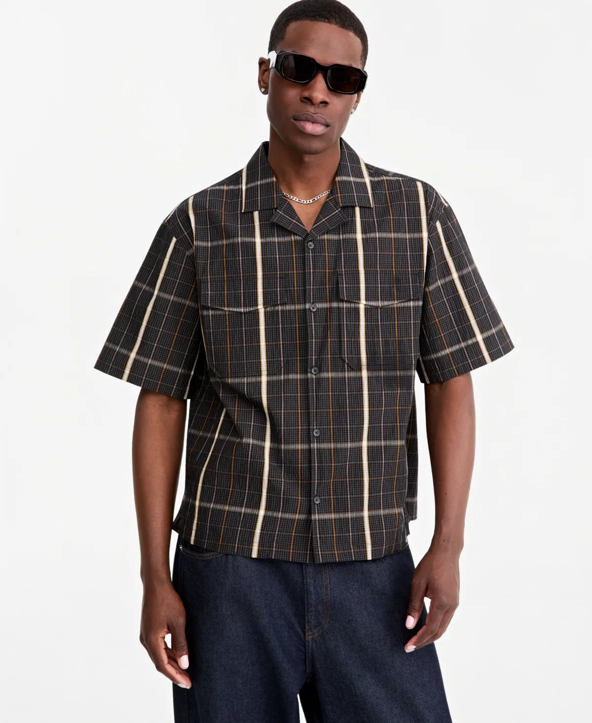 Plaid Camp-Collar Short-Sleeve Shirt by Mode of One
