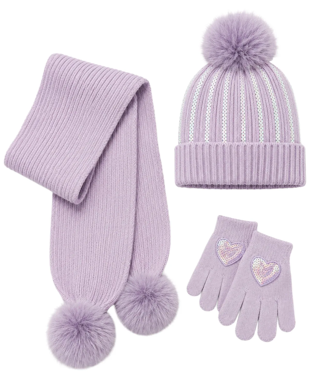 Sequin-Heart Pom-Pom Hat, Scarf and Gloves, 3-Piece Set by Rainbow