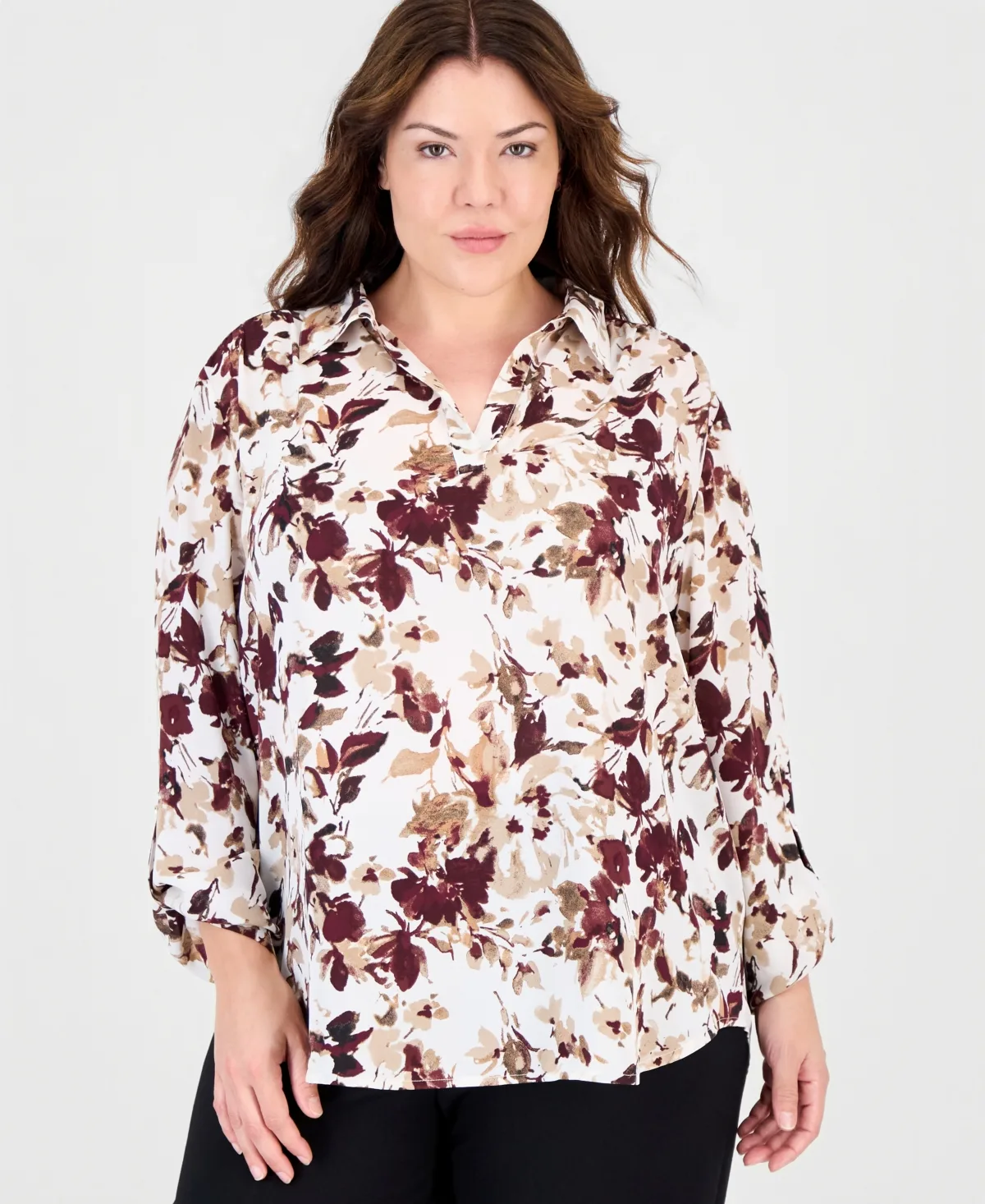 Essentials Floral Roll-Tab V-Neck Blouse by Anne Klein