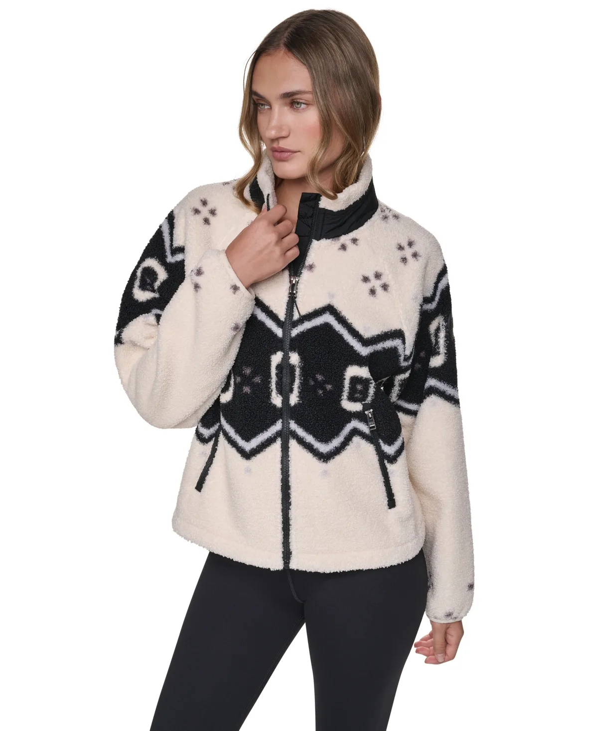 Beacon Sherpa Placement-Print Mock Neck Jacket by DKNY