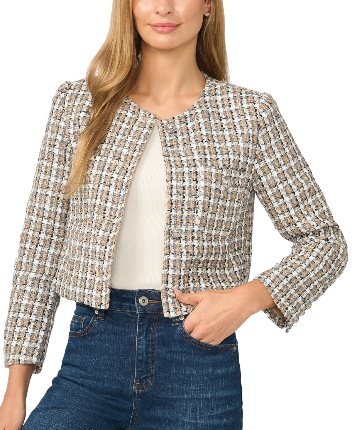 Cropped Tweed Collarless Jacket by CeCe
