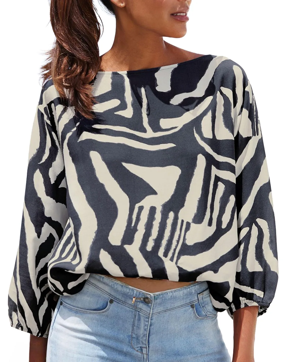Abstract-Print Boat-Neck Balloon-Sleeve Blouse by Lascana