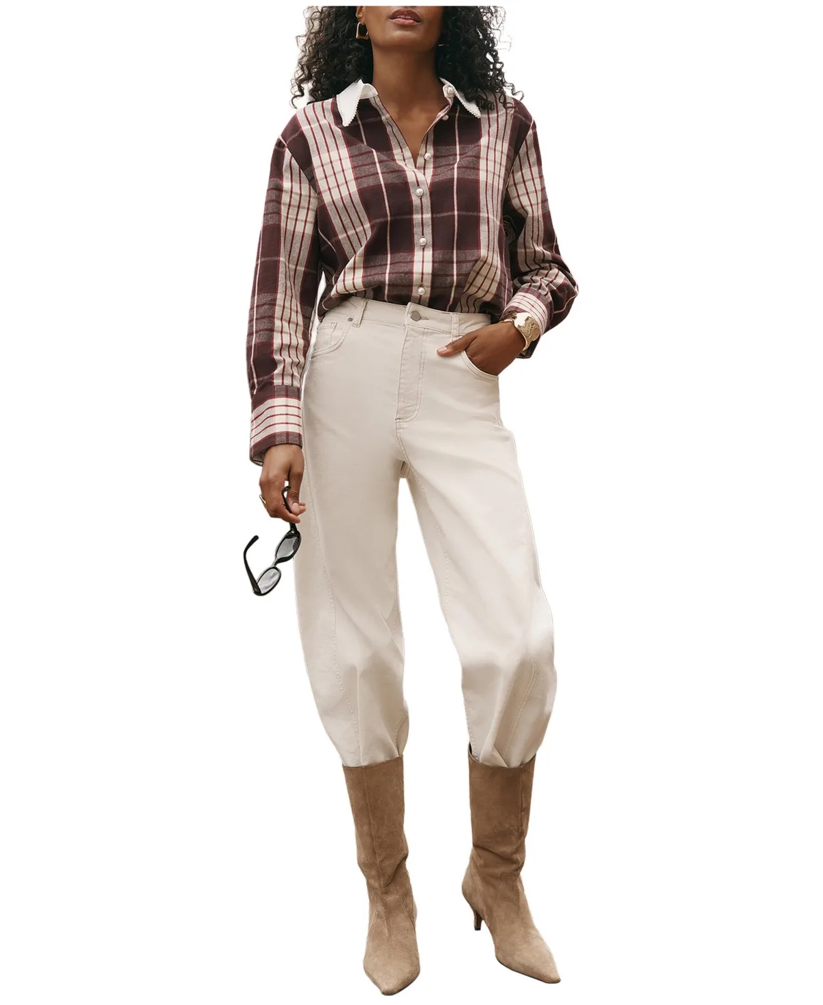 Plaid Long-Sleeve Pearl-Trim Shirt by Mint Velvet