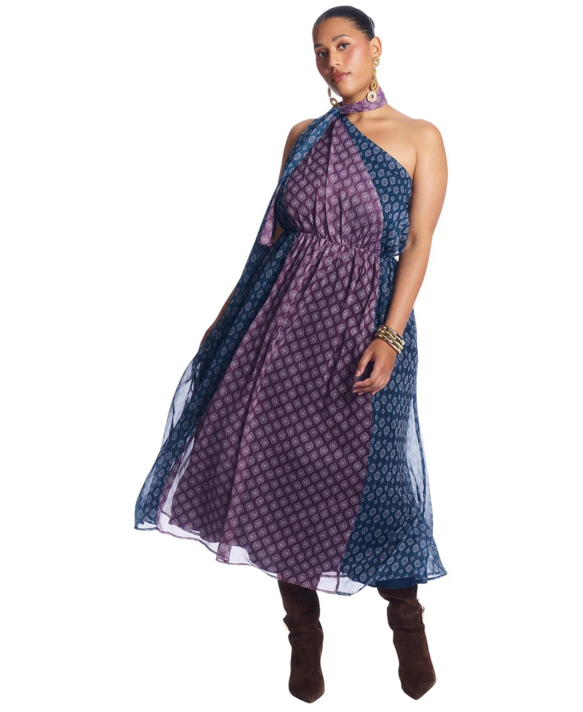 One-Shoulder Chiffon Maxi Dress with Neck Tie by June & Vie