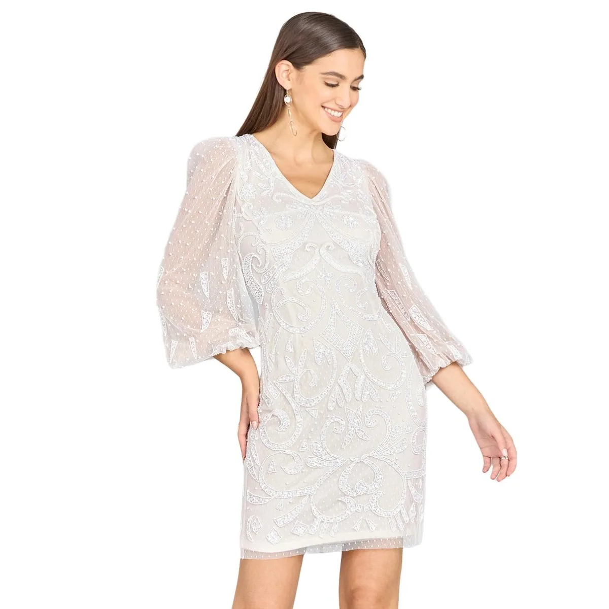 V-Neck, Balloon Sleeve Bridal Mini Dress by Lara