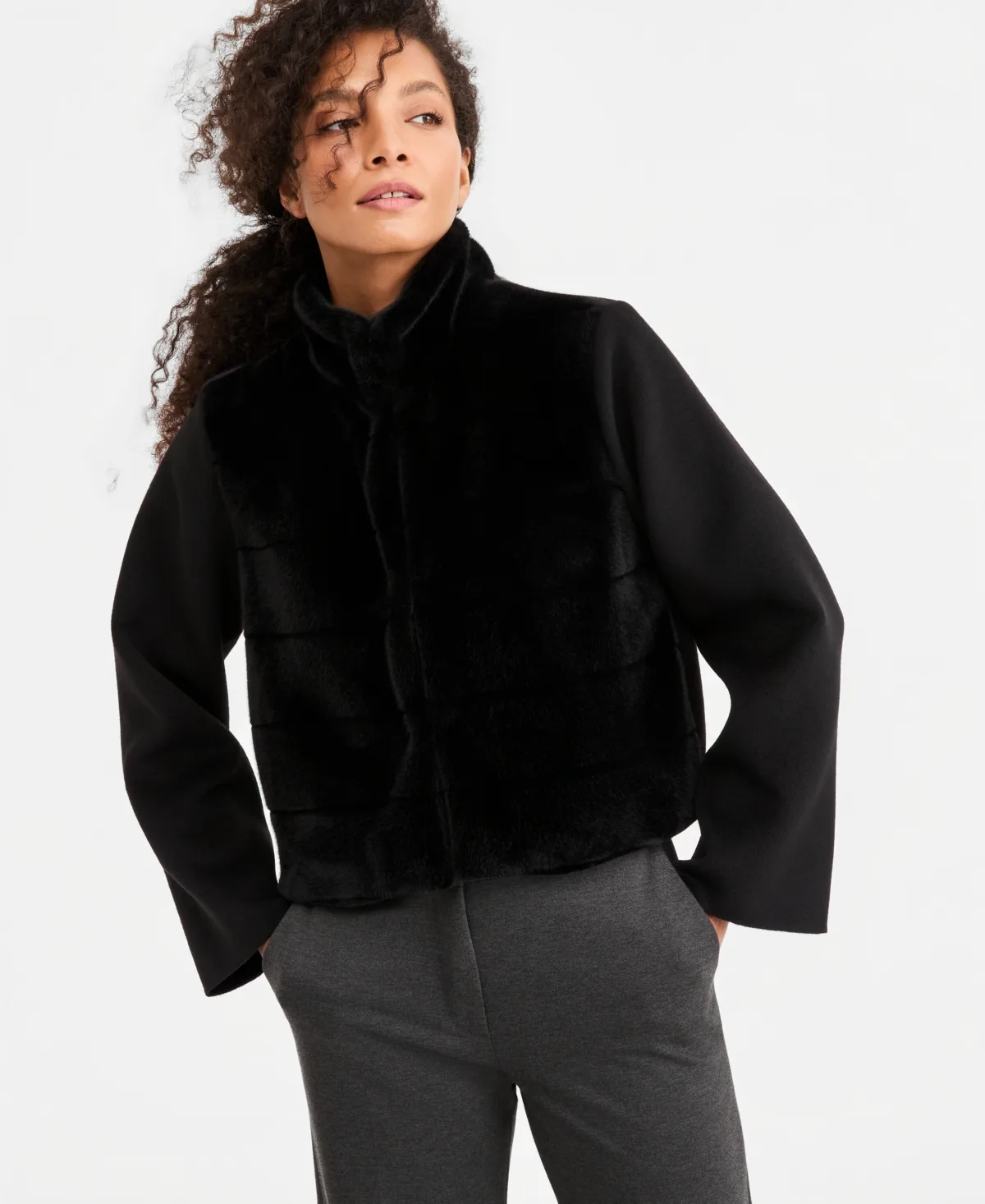 Emmbalia Cropped Faux Fur High-Neck Jacket