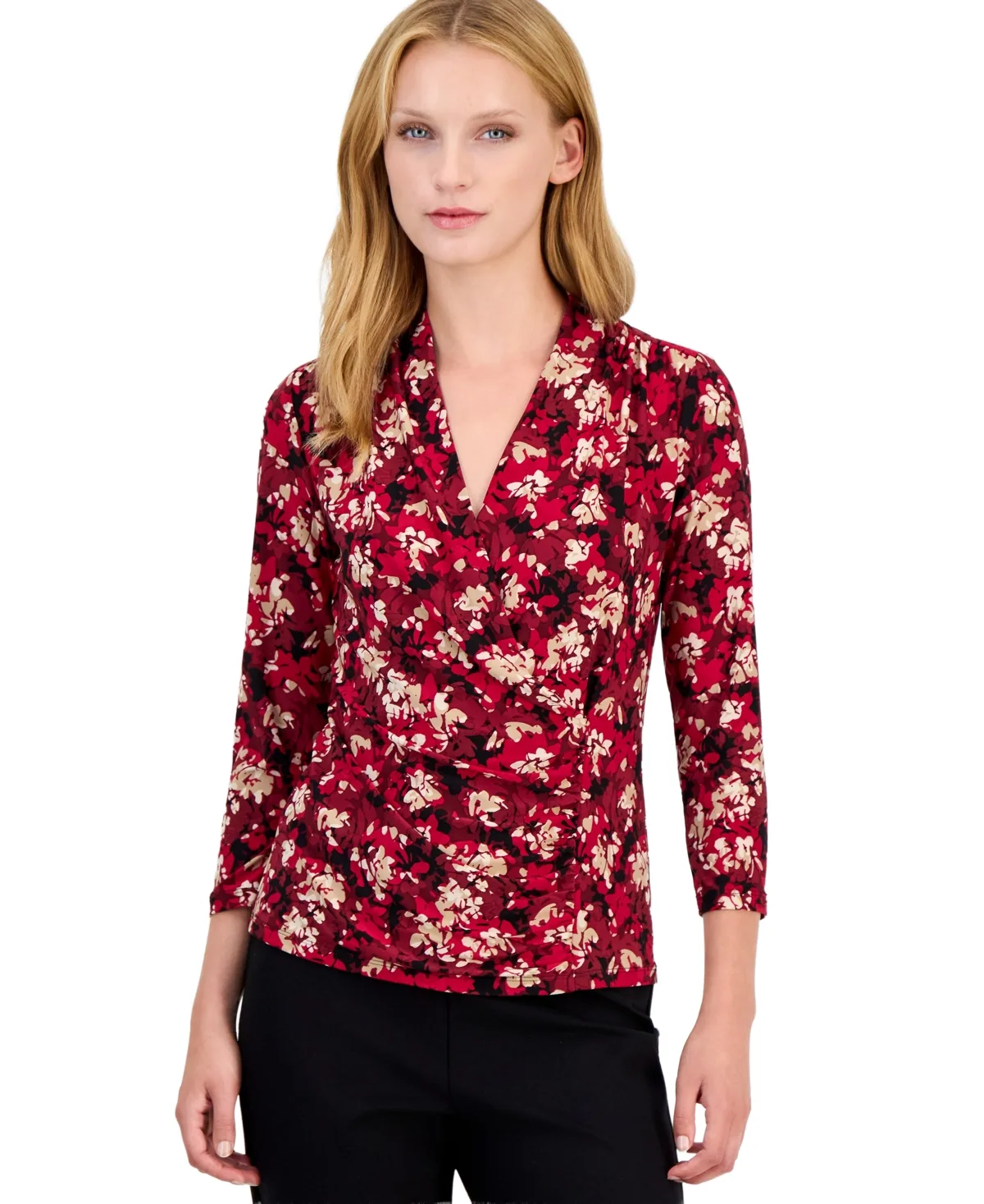 Faux-Wrap Floral-Print 3/4-Sleeve Blouse by Anne Klein