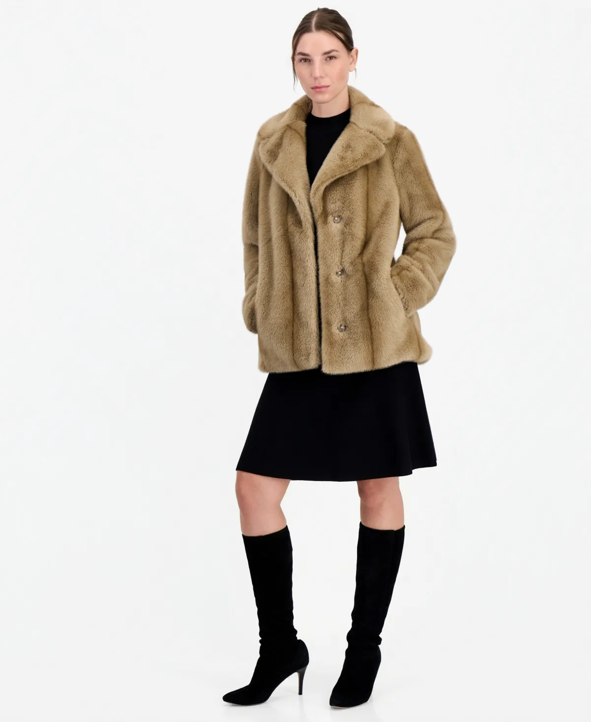 Short Faux-Fur Notch-Collar Coat by Jones New York
