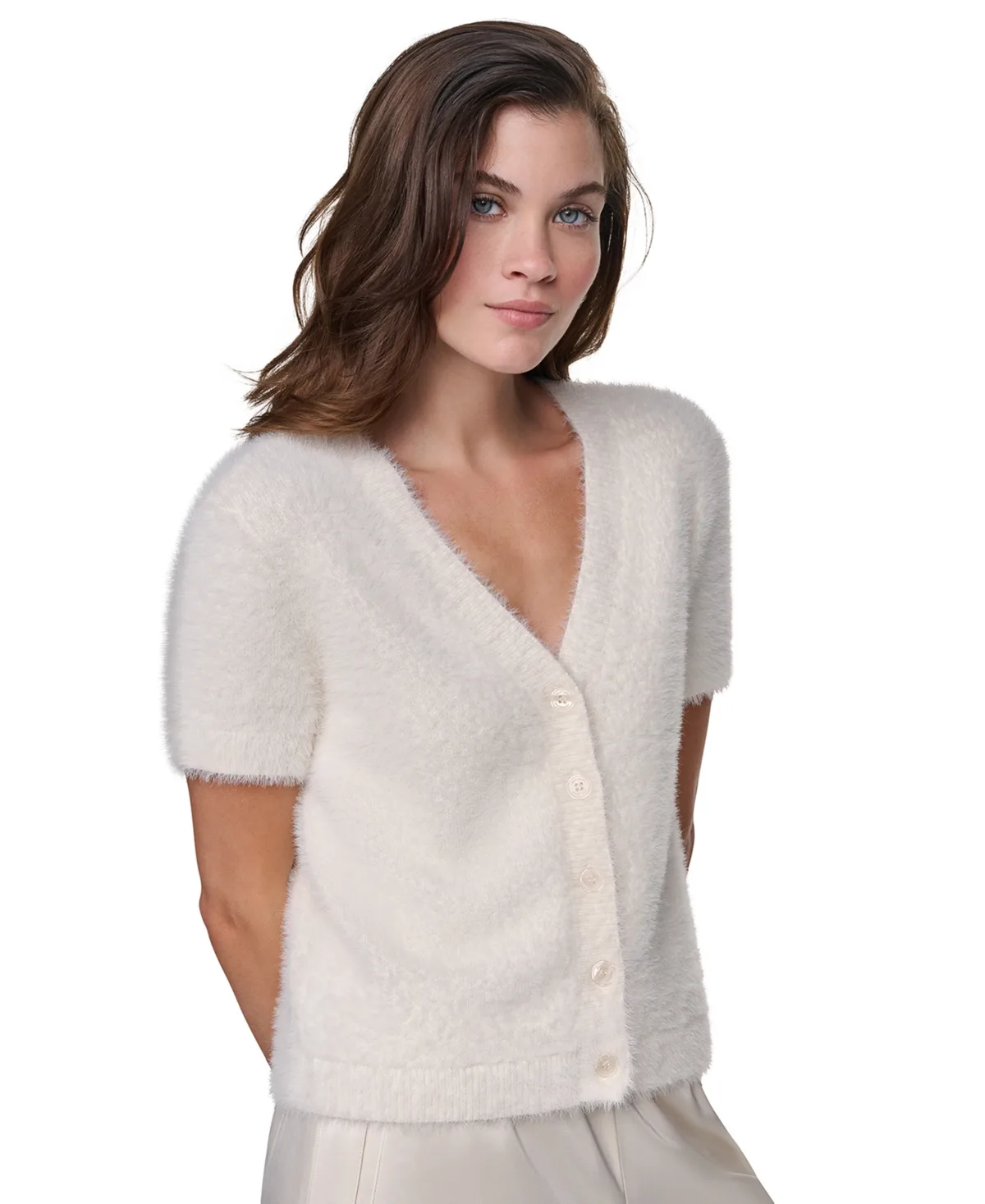 Short-Sleeve Brushed-Knit V-Neck Cardigan by DKNY