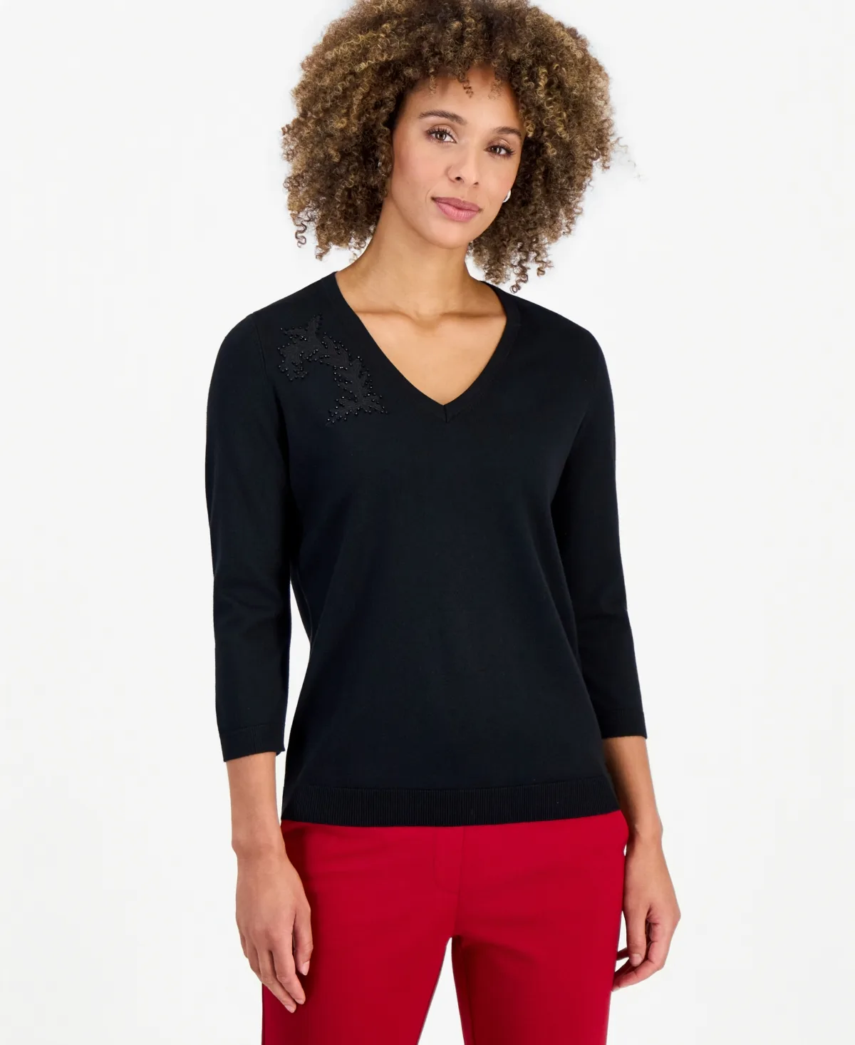 3/4-Sleeve V-Neck Lace-Applique Sweater by Kasper