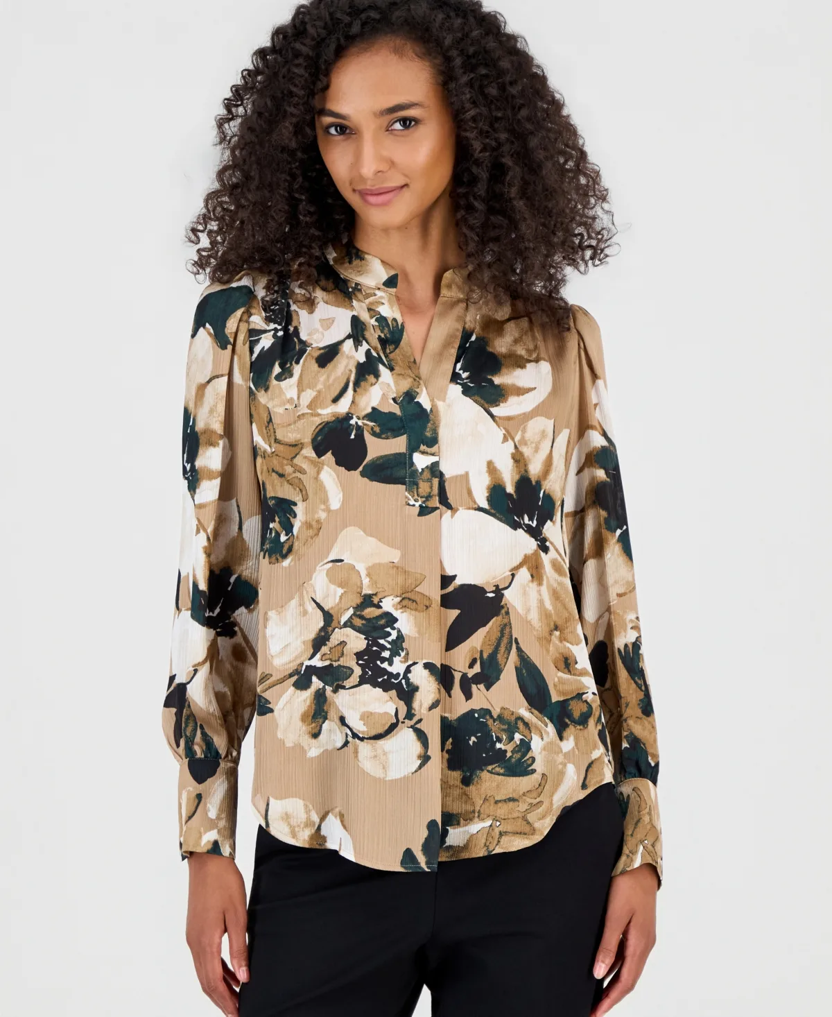 Floral-Print Satin Pleat-Front Blouse by Anne Klein