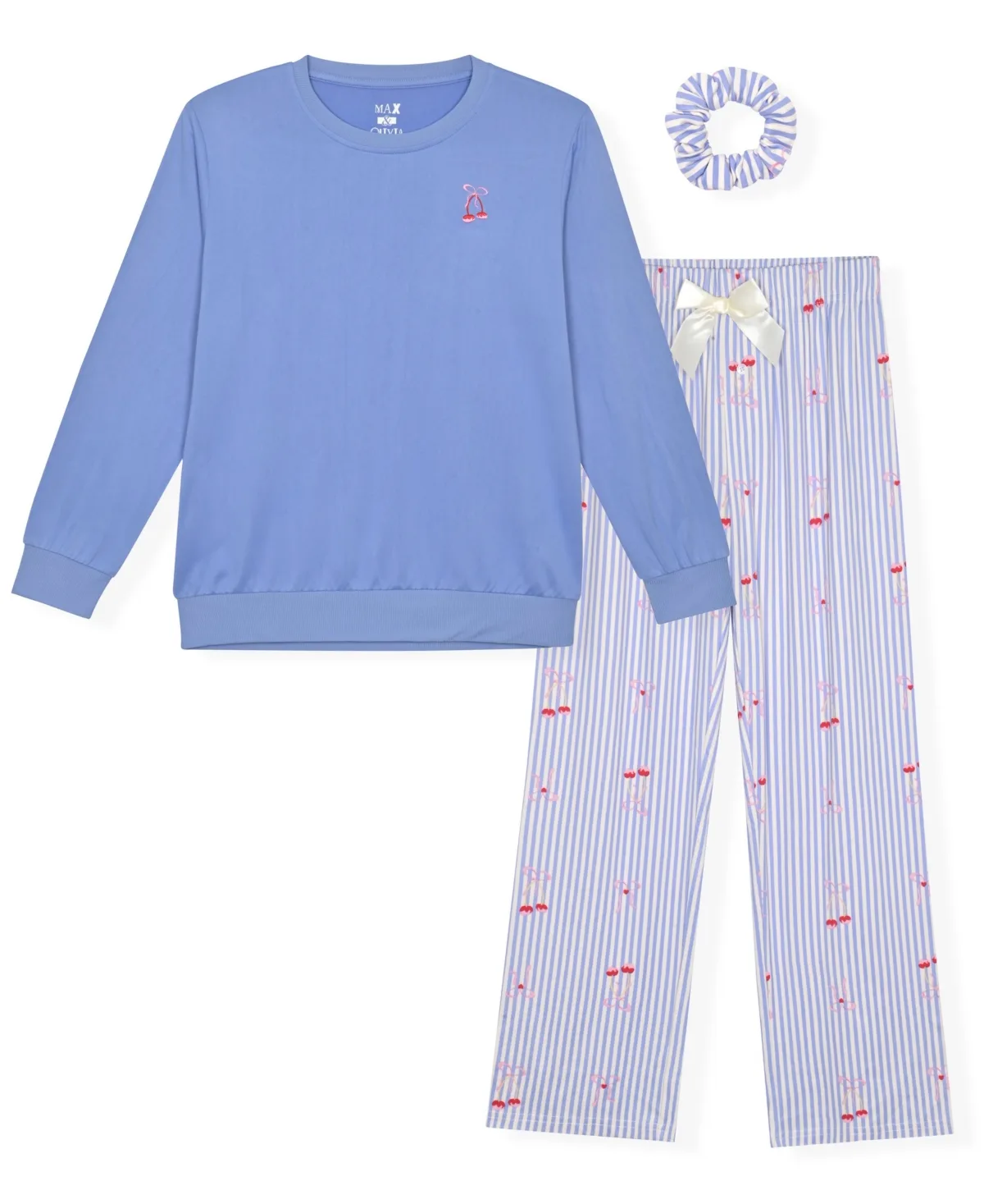 Milky Long-Sleeve Crewneck Pajama with Scrunchie, 3-Piece Set by Max & Olivia