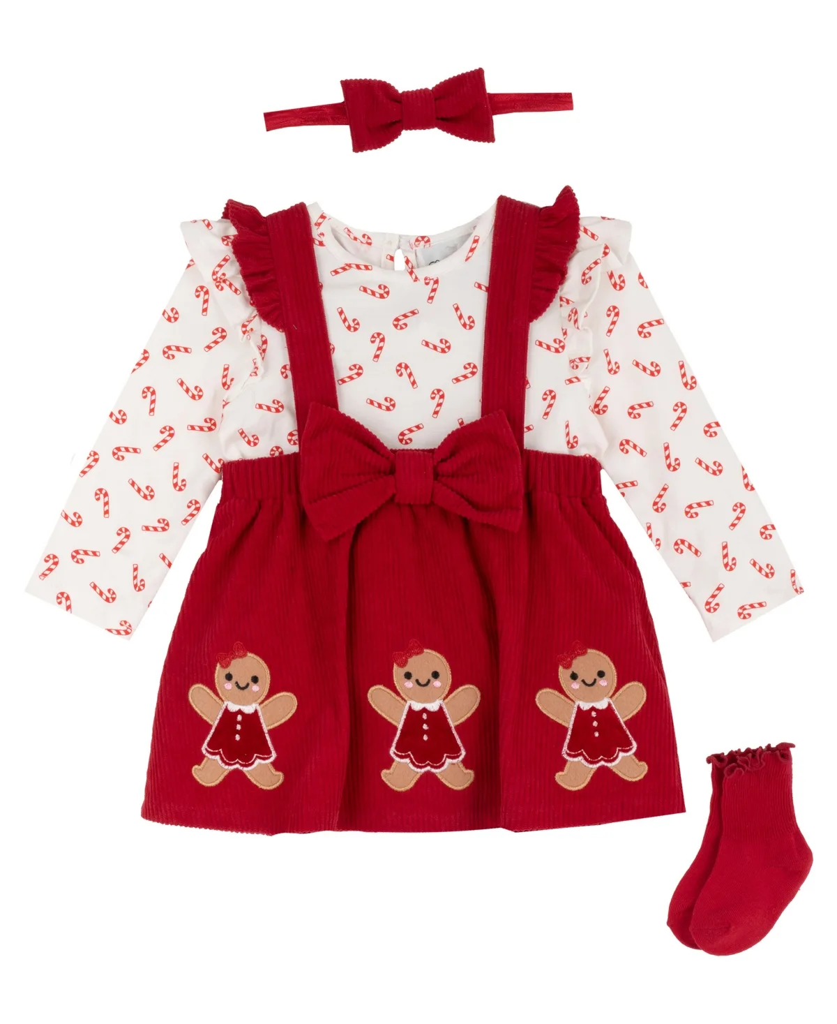 Holiday Gingerbread Applique Corduroy Long-Sleeve Bodysuit, Pinafore Dress, Headband and Socks, 4-Piece Set by Rare Editions