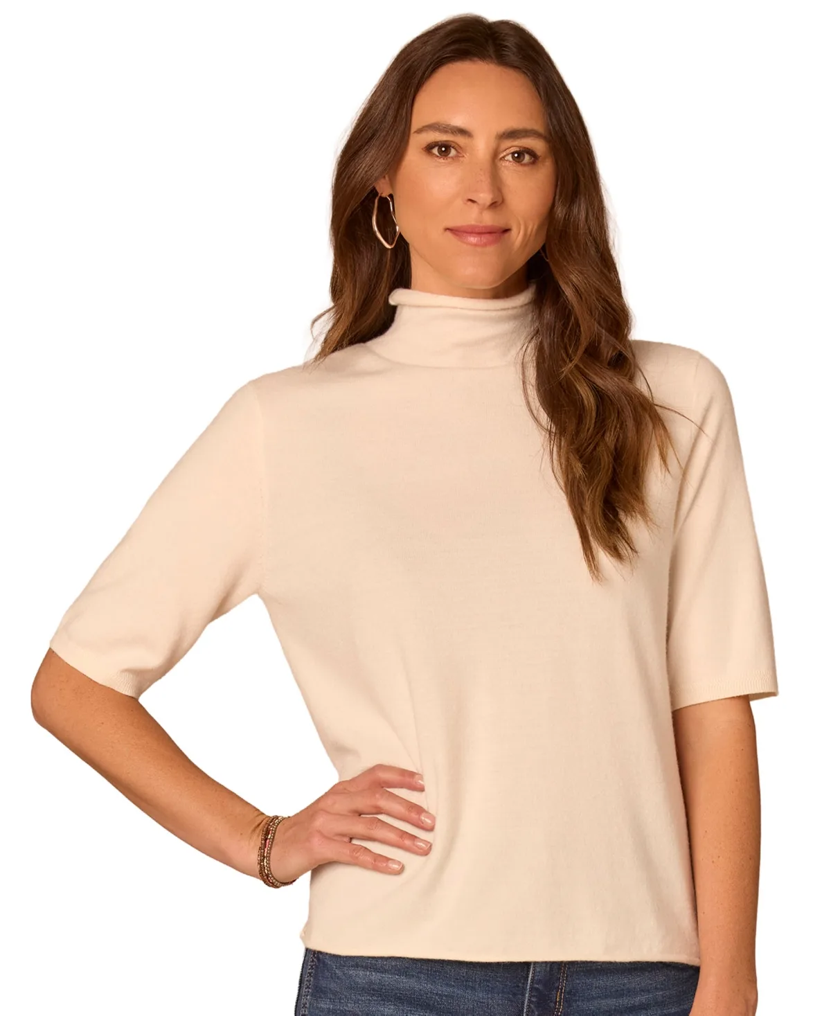 Draped Mock-Neck Short-Sleeve Sweater