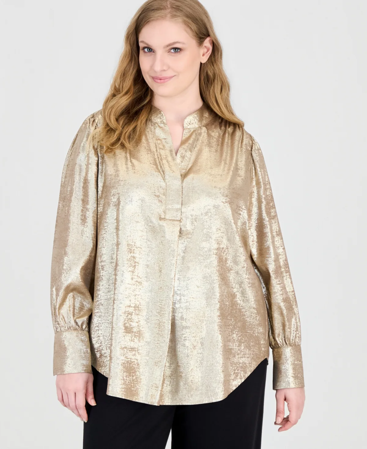 V-Neck Pleat-Front Long-Sleeve Blouse by Anne Klein