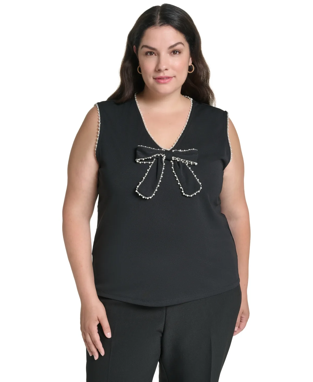 KL2061 V-Neck Sleeveless Imitation Pearl Bow Blouse by Karl Lagerfeld