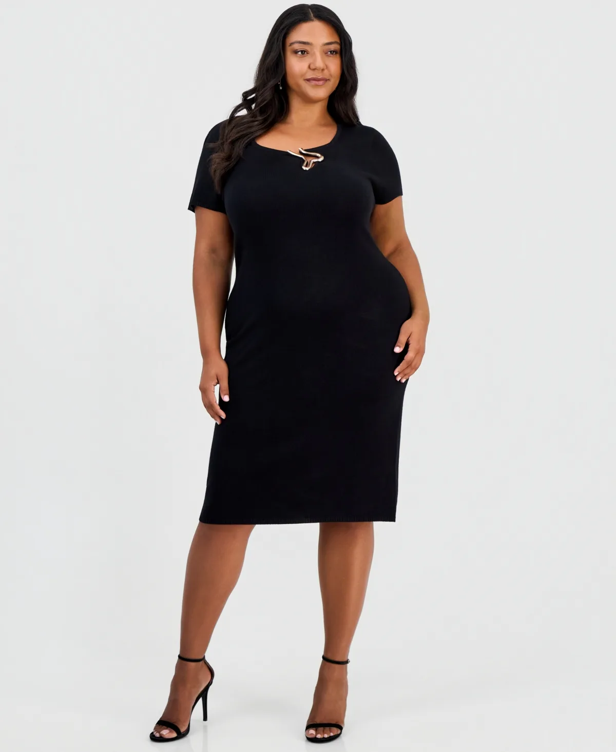 Square Neck Short-Sleeve Hardware-Detail Midi Dress