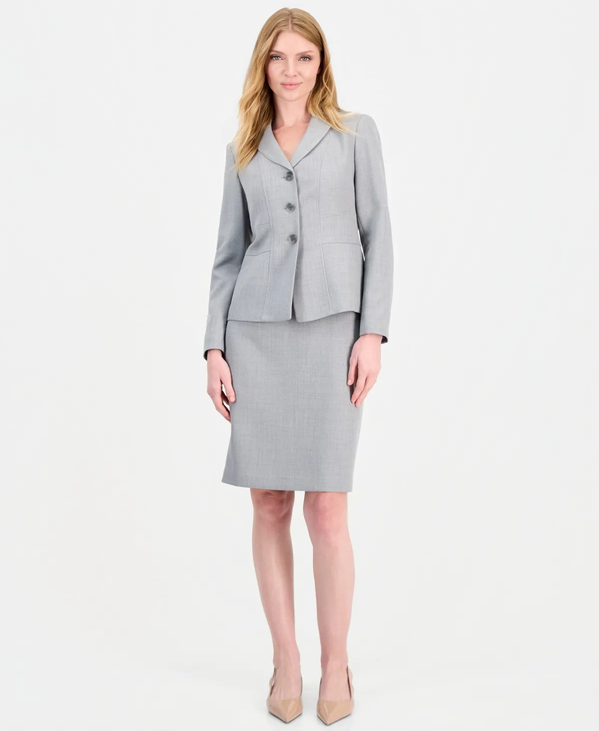 Melange Slim-Fit Peak-Lapel 3-Button Blazer and Skirt, 2-Piece Set by Le Suit