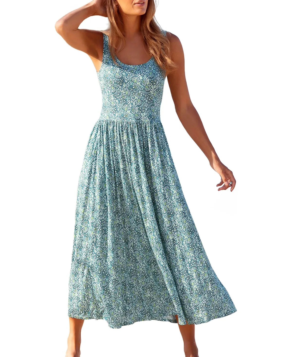 Viscose Printed Scoop Neck A-Line Midi Dress