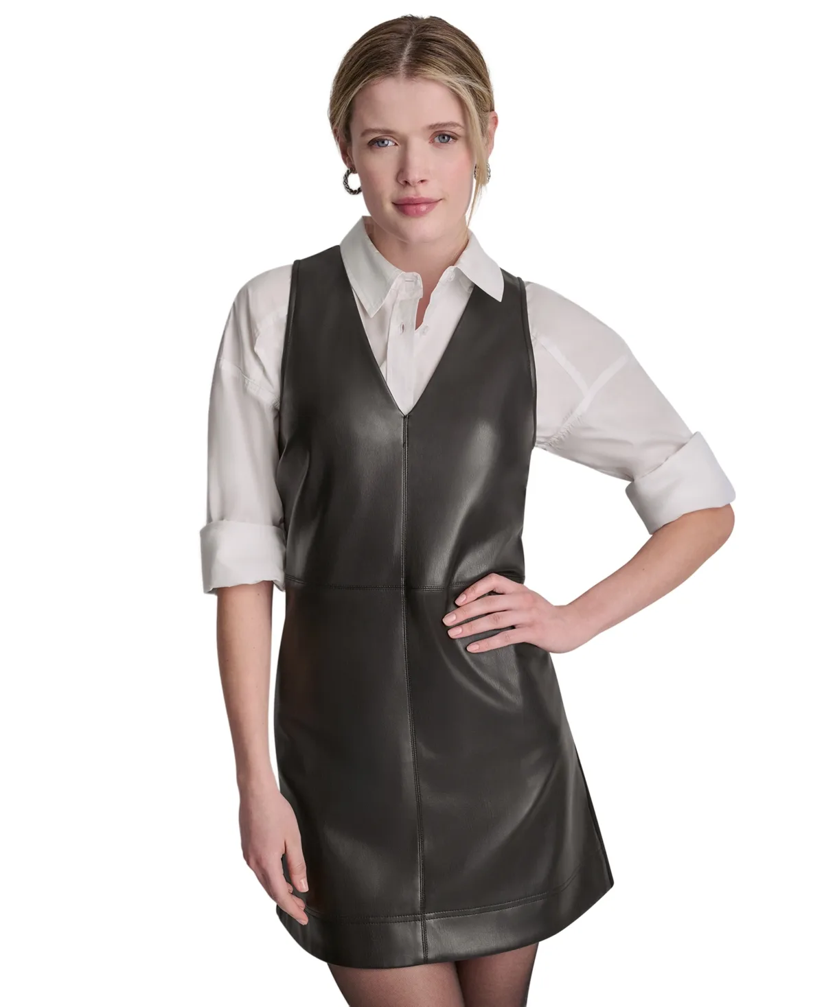 Faux Leather Sleeveless V-Neck Mini Dress by DKNY