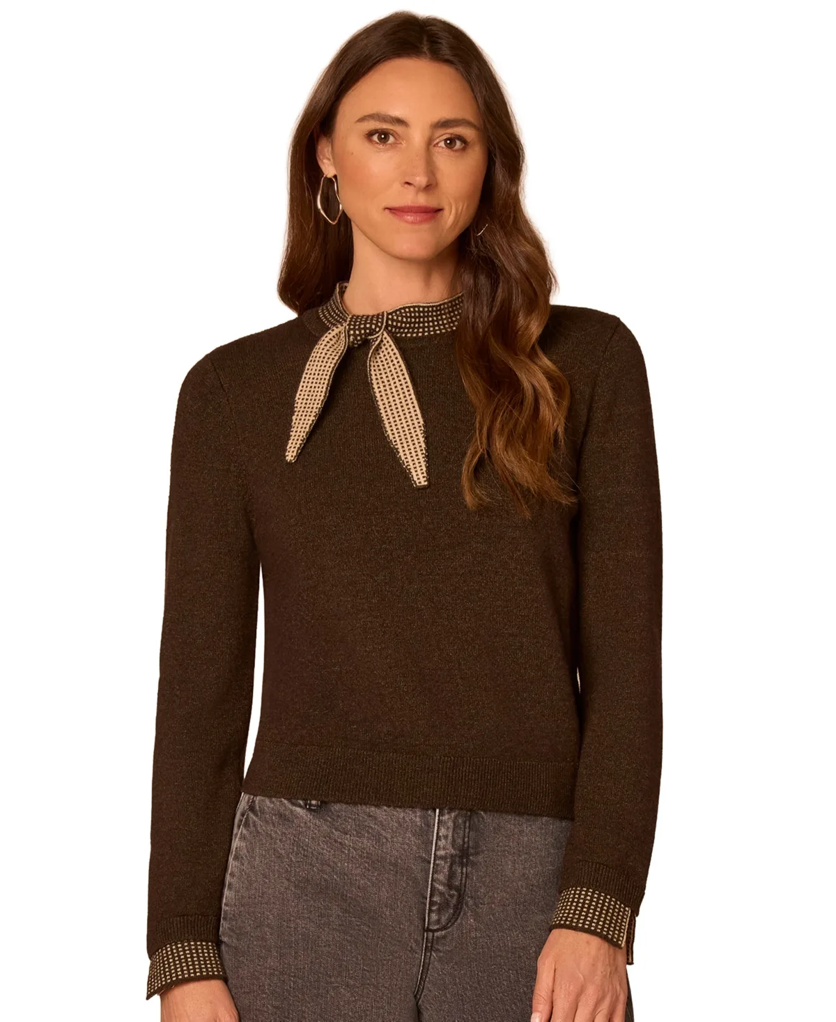 Contrast-Detail Self-Tie Crewneck Pull-On Sweater by Democracy