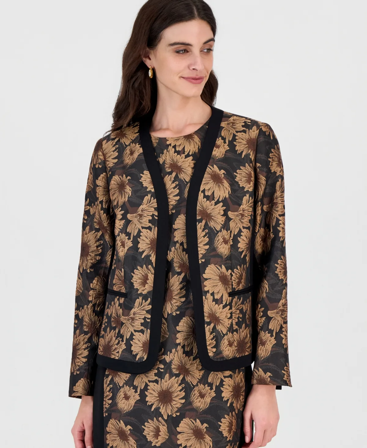 Collarless Shoulder-Padded Floral Cardigan by Kasper